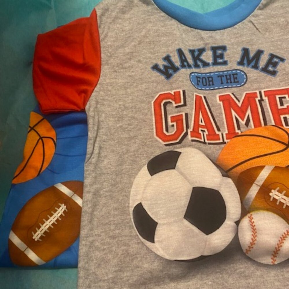 PJ&ME BOYS PJ Set Size: 4T"WAKE ME FOR THE GAME"Soccer,base,foot,basket ball